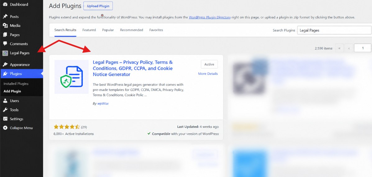 Searching for Legal Pages under Plugins → Add New, with the plugin installed and active and the new Legal Pages menu