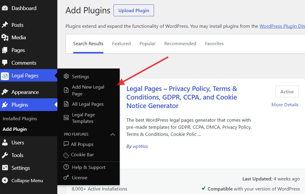 The Legal Pages dashboard menu with Add New Legal Page highlighted