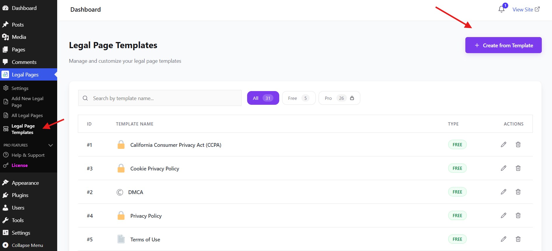 The Legal Page Templates list with the Create from Template button, filters, and built-in templates