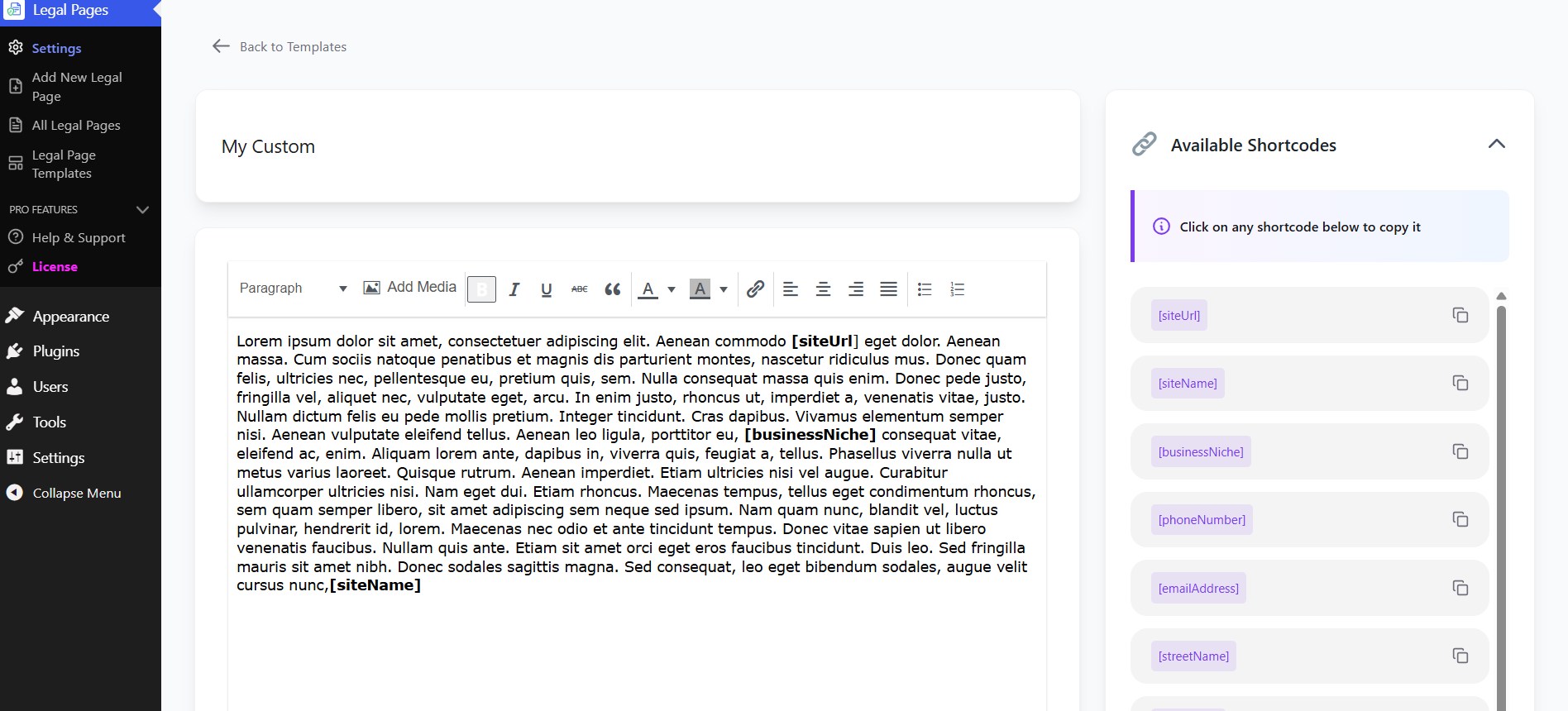The Create Template editor with a template title, content, and the Available Shortcodes panel