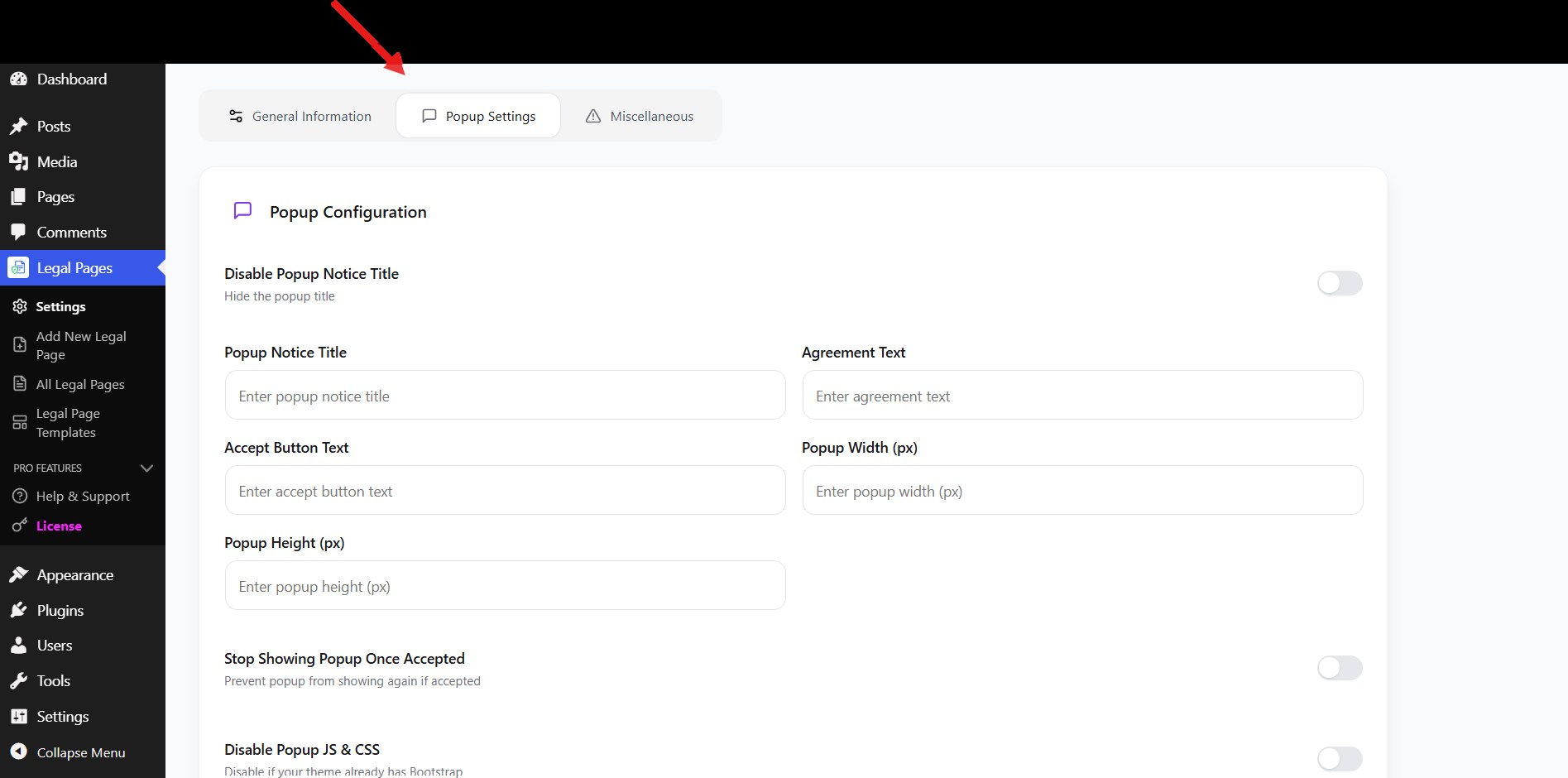 The Popup Settings tab under Legal Pages → Settings, with the popup configuration fields and toggles