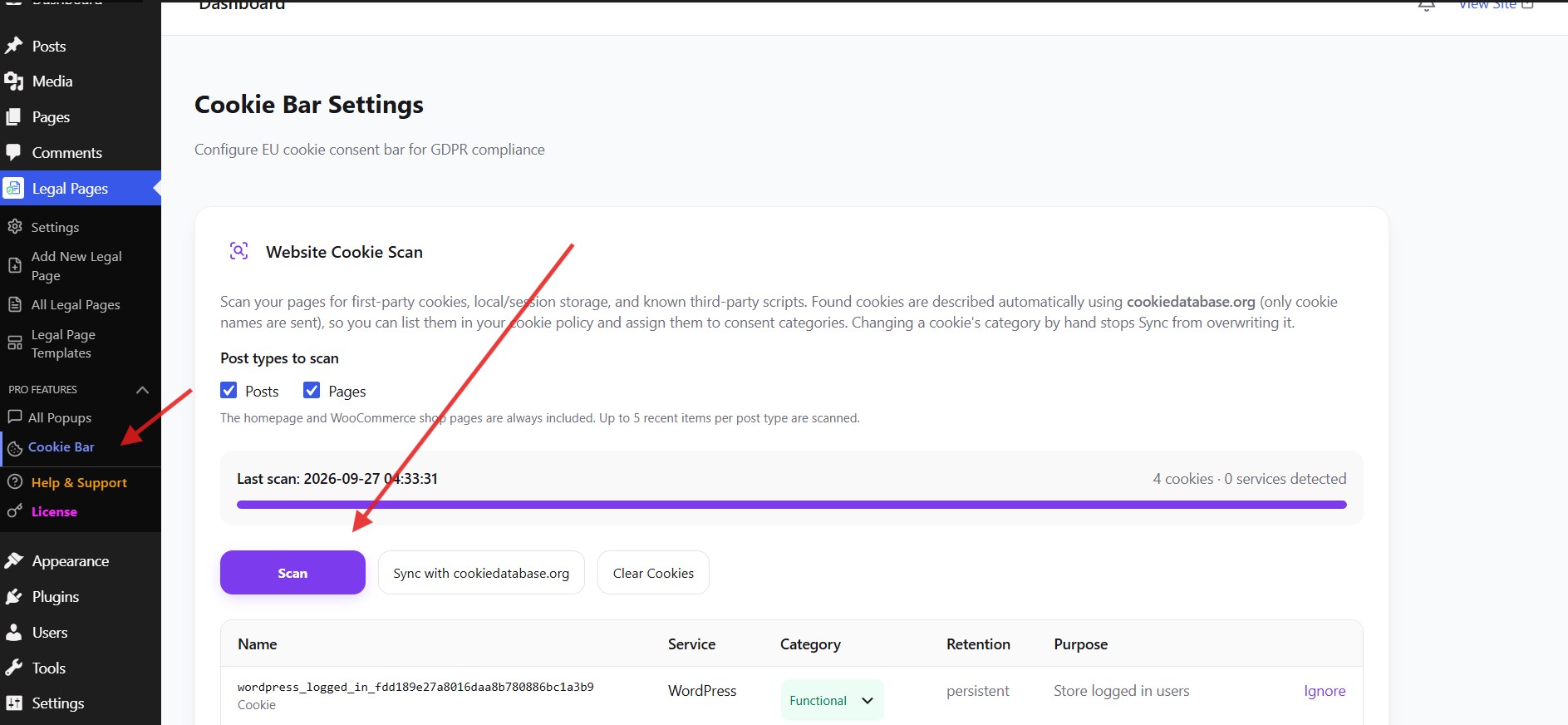 The Website Cookie Scan panel under Legal Pages → Cookie Bar, with post type options and the Scan button