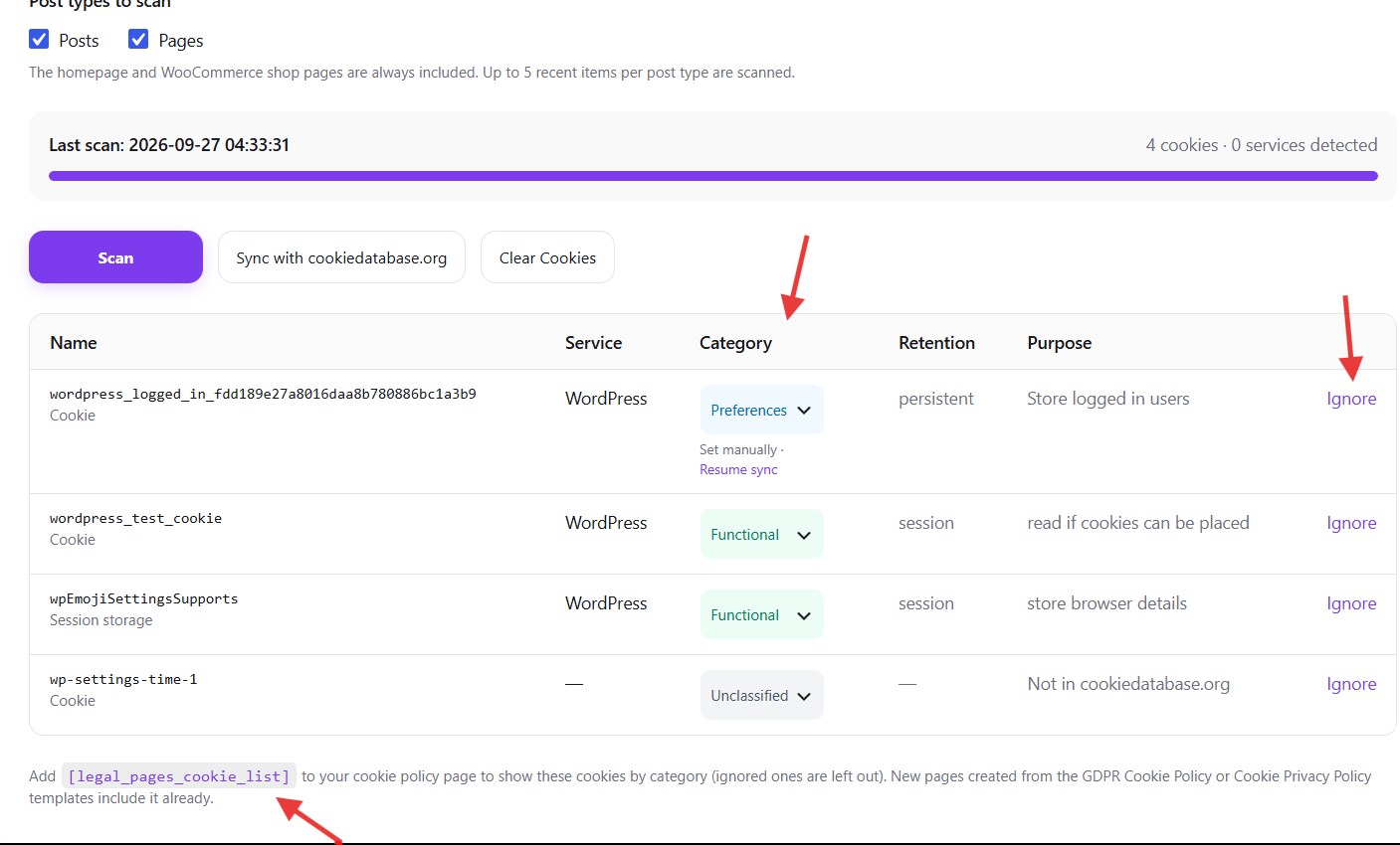 The scanned cookie list with Category dropdowns, Ignore links, and the [legal_pages_cookie_list] shortcode below