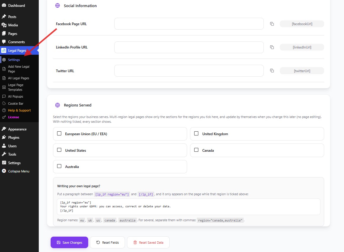 The Social Information fields and the Regions Served section with region checkboxes and the Save Changes, Reset Fields, and Reset Saved Data buttons