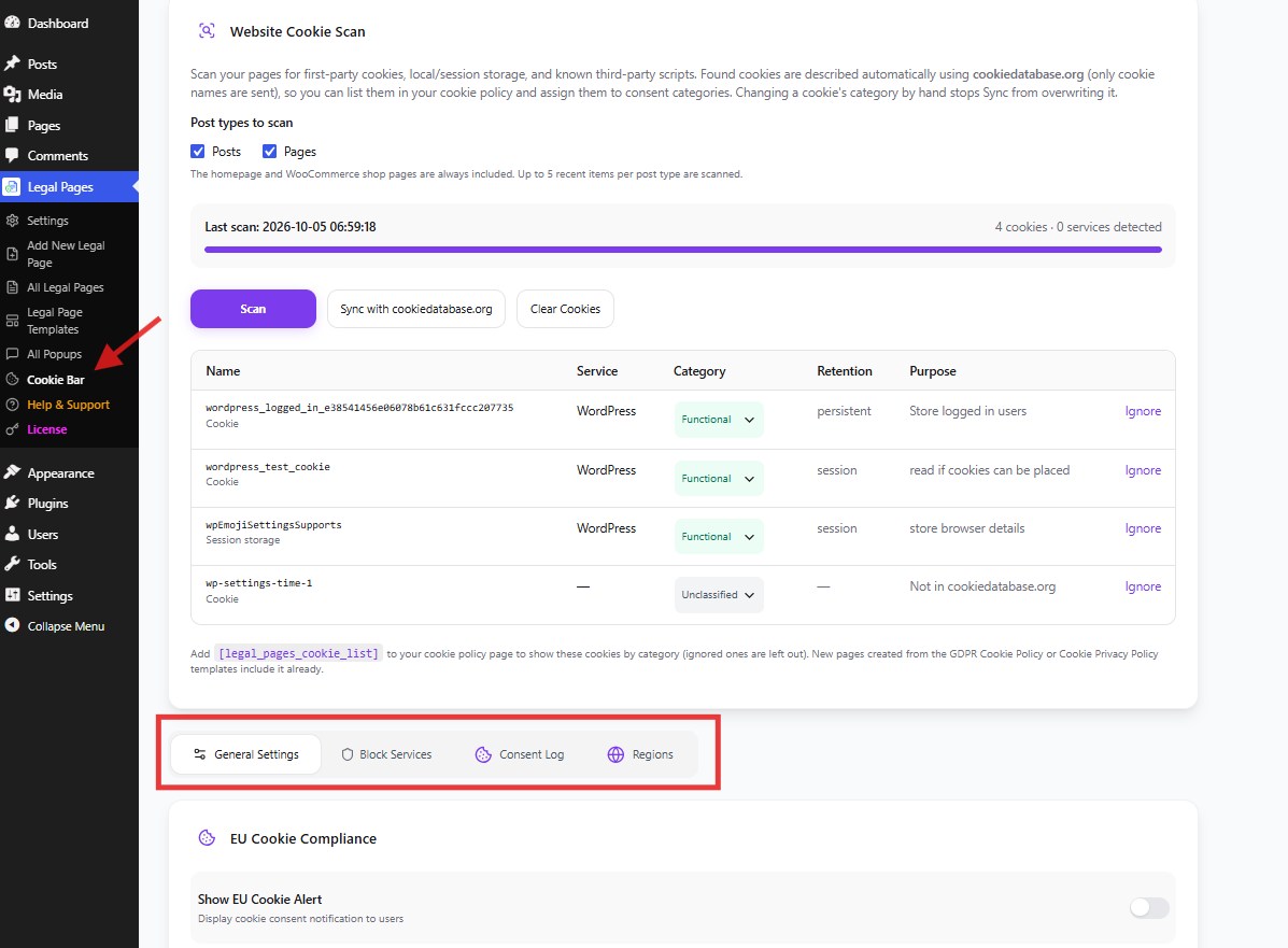 The Cookie Bar Settings screen with the Website Cookie Scan panel and the General Settings, Block Services, Consent Log, and Regions tabs highlighted