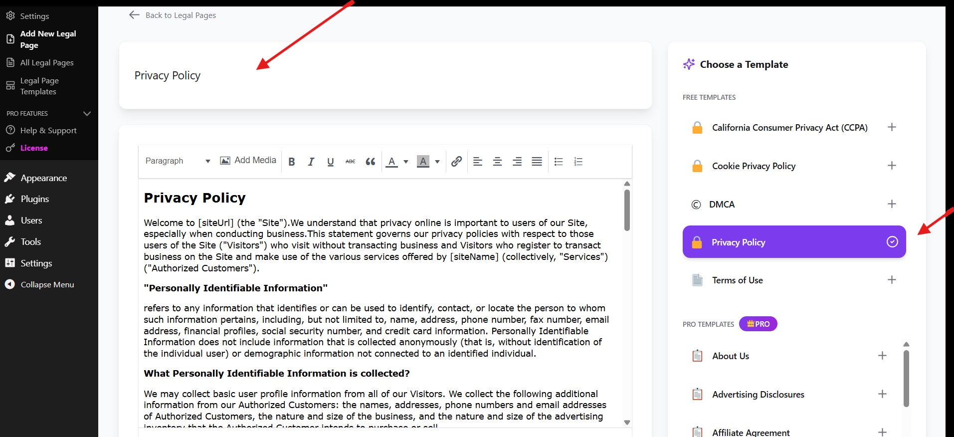 The Add New Legal Page screen with a page title and the Choose a Template panel showing Privacy Policy selected