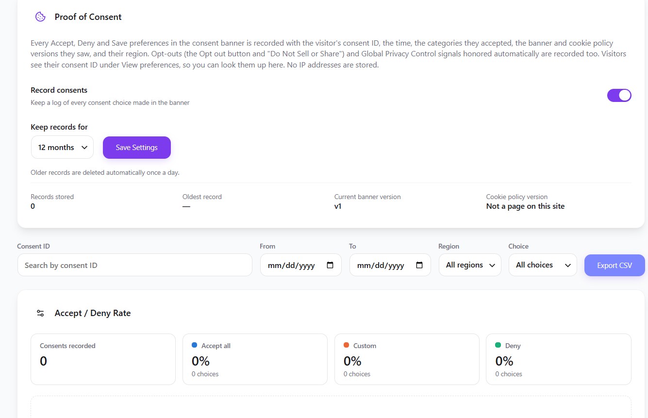 The Consent Log tab with Proof of Consent settings, record filters, the Export CSV button, and the Accept / Deny Rate summary