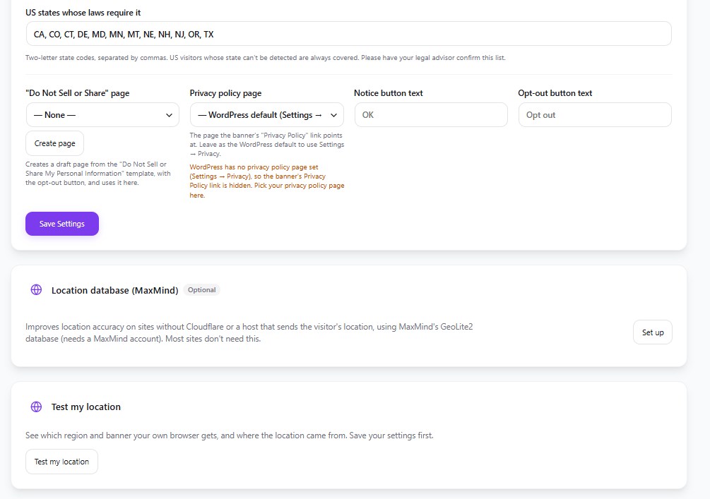 The lower part of the Regions tab with the GPC state list, Do Not Sell or Share page, Privacy policy page, button text fields, the Location database (MaxMind) Set up button, and Test my location
