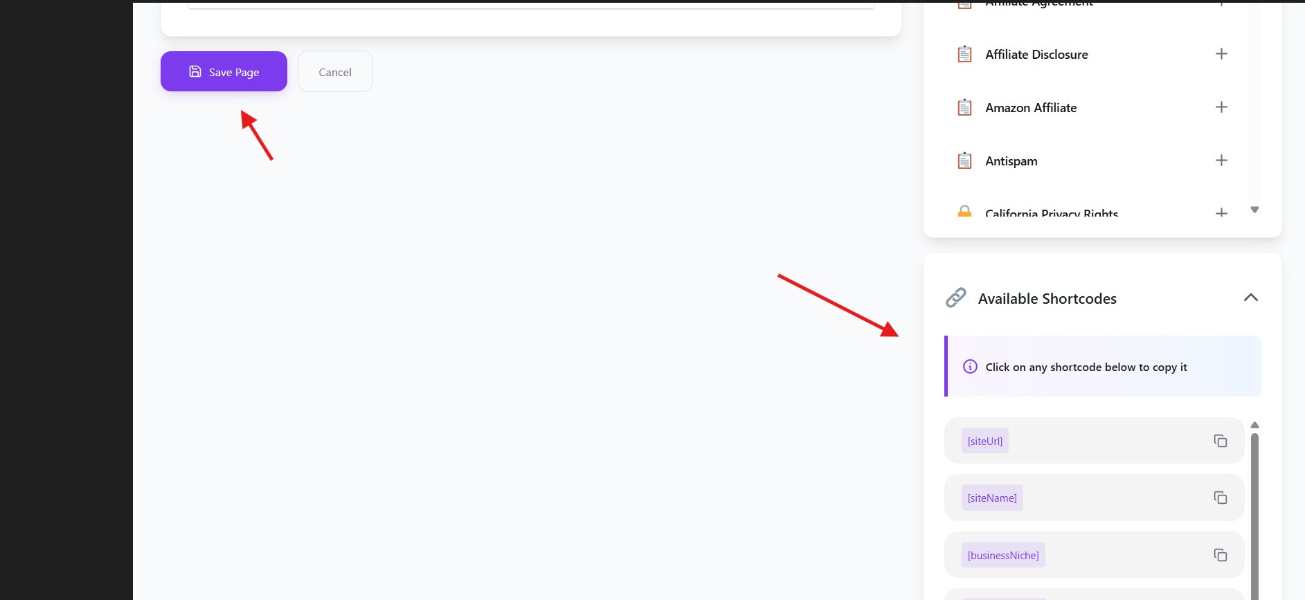 The Save Page button below the editor, with the Available Shortcodes panel on the right