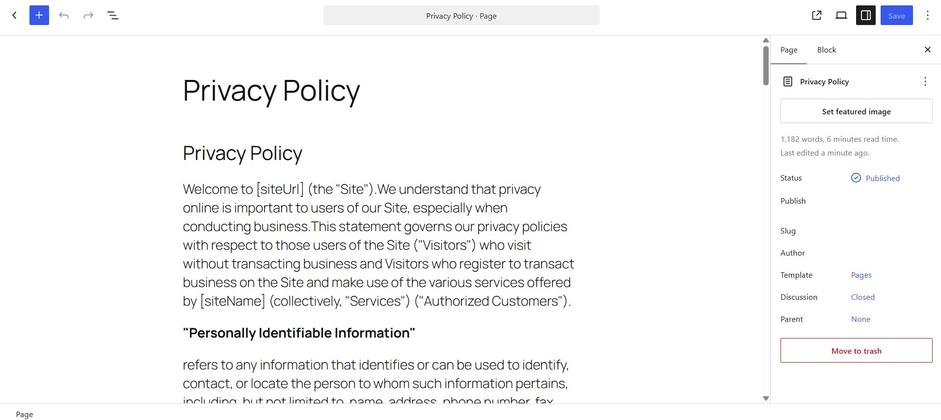 The WordPress editor Page sidebar showing Status, Slug, Author, Template, Discussion, and Parent options
