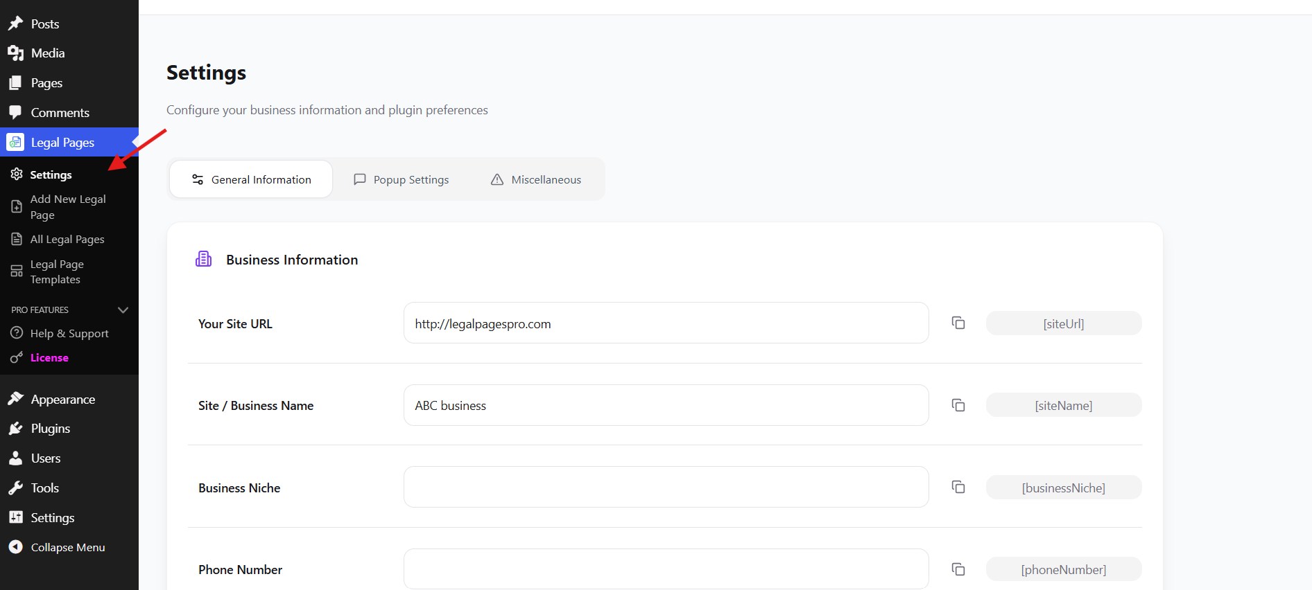 The Settings → General Information tab with Business Information fields and their matching shortcodes