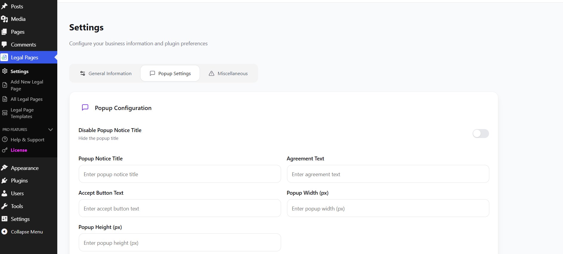 The Settings → Popup Settings tab with fields for the popup title, agreement text, button text, and dimensions