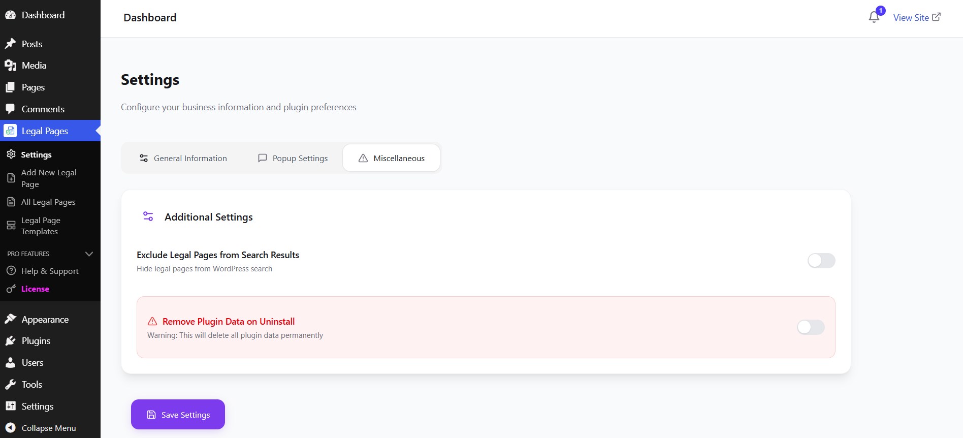 The Settings → Miscellaneous tab with the Exclude Legal Pages from Search Results and Remove Plugin Data on Uninstall toggles