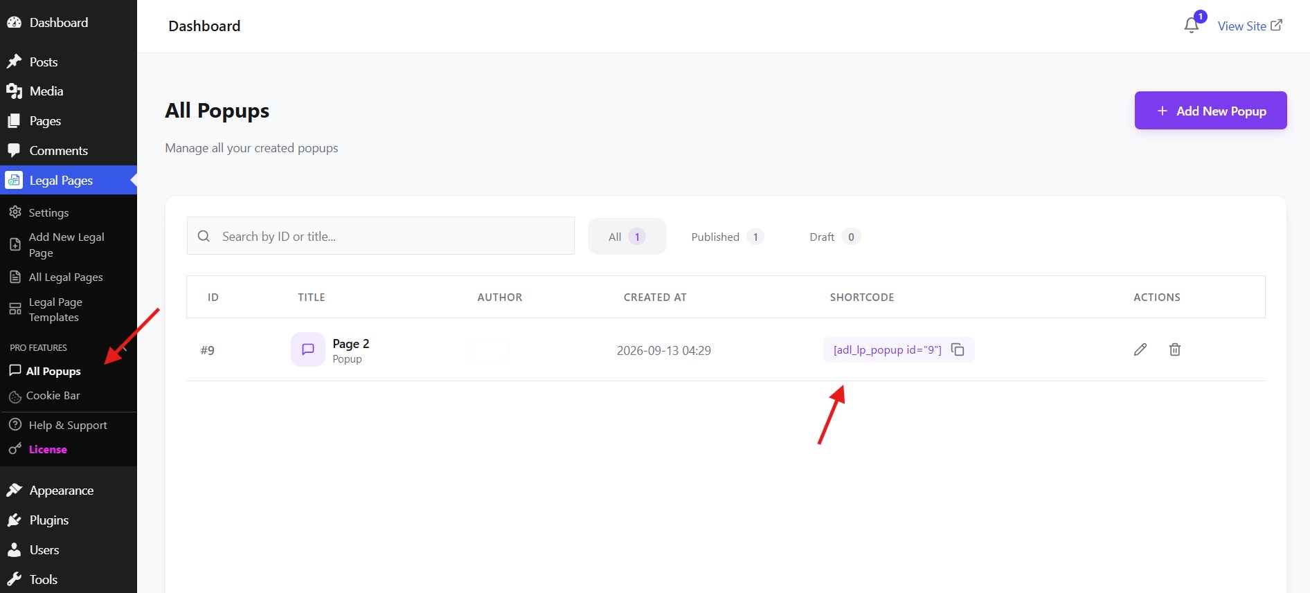 The All Popups list with a popup's shortcode shown in the Shortcode column