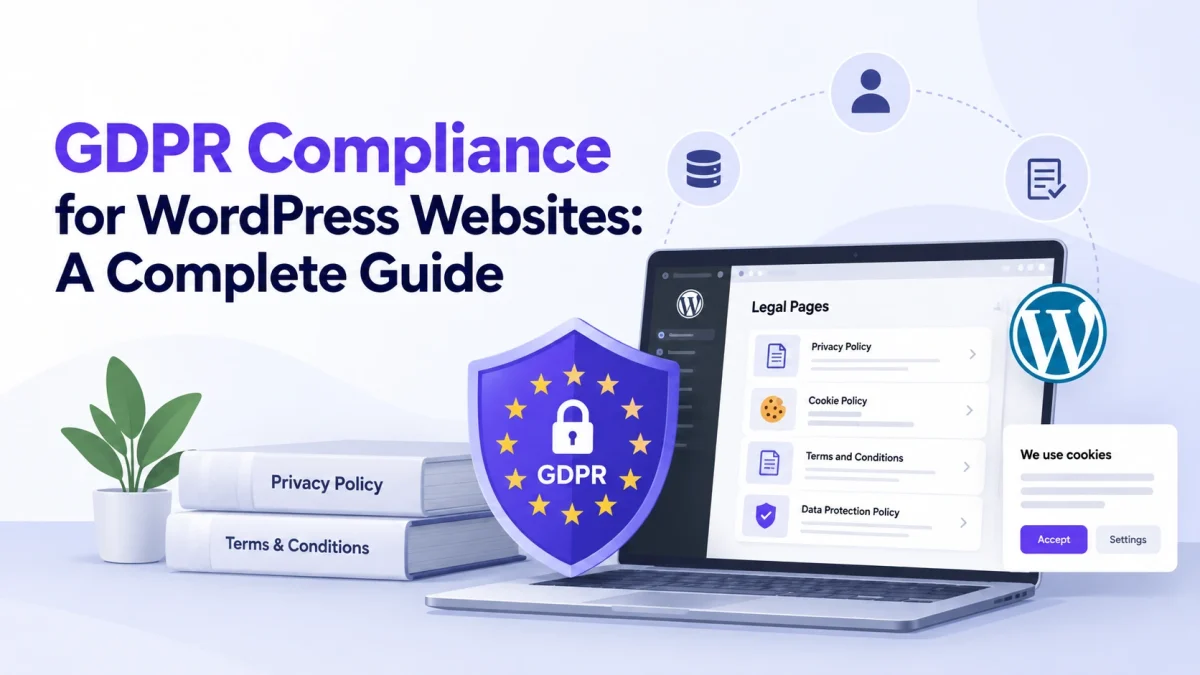 GDPR compliance for WordPress websites guide with legal pages and data protection shield