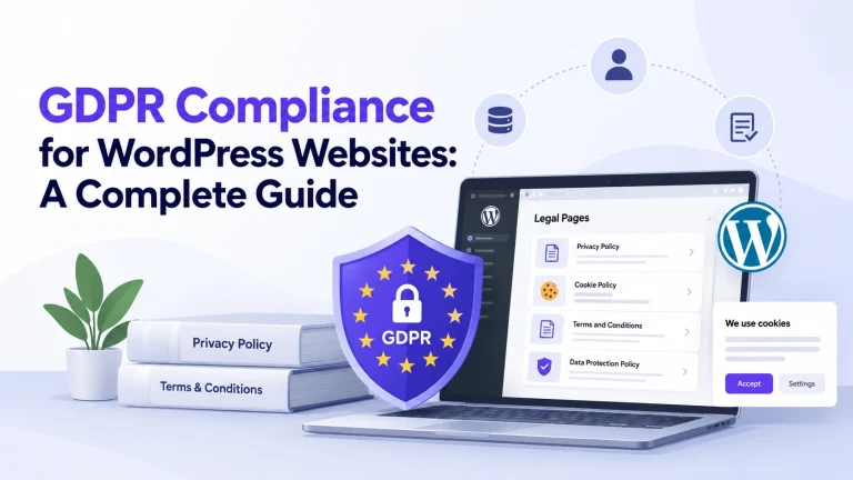 GDPR compliance for WordPress websites guide with legal pages and data protection shield