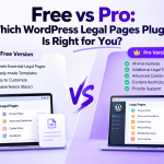 Free vs Pro WordPress legal pages plugin comparison showing legal templates, cookie notice options, content restriction, and support features.