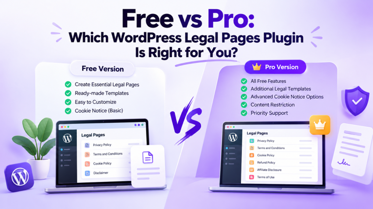 Free vs Pro WordPress legal pages plugin comparison showing legal templates, cookie notice options, content restriction, and support features.