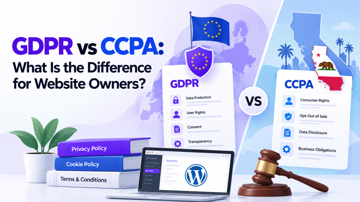 GDPR vs CCPA comparison showing data protection, consumer privacy rights, and WordPress legal pages